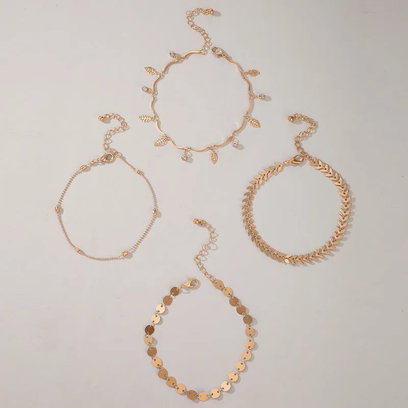 Fashion Leaf Diamond Round Four Layer Anklet