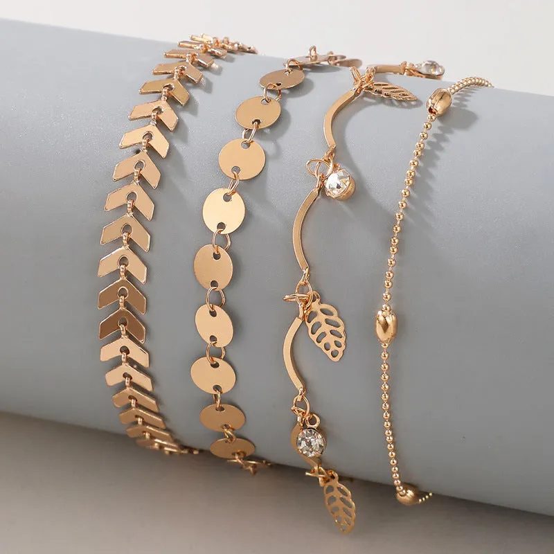 Fashion Leaf Diamond Round Four Layer Anklet