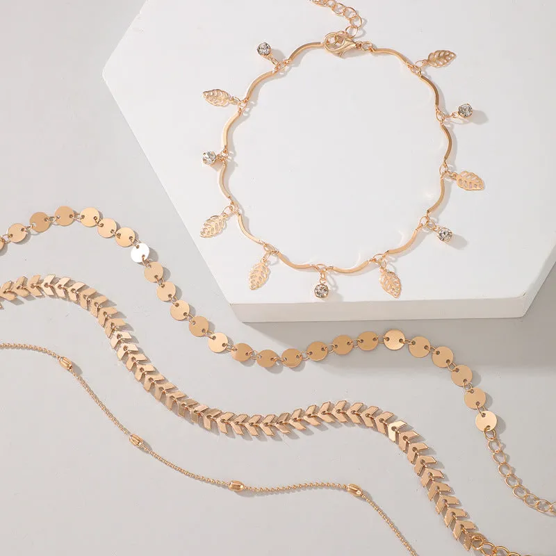 Fashion Leaf Diamond Round Four Layer Anklet