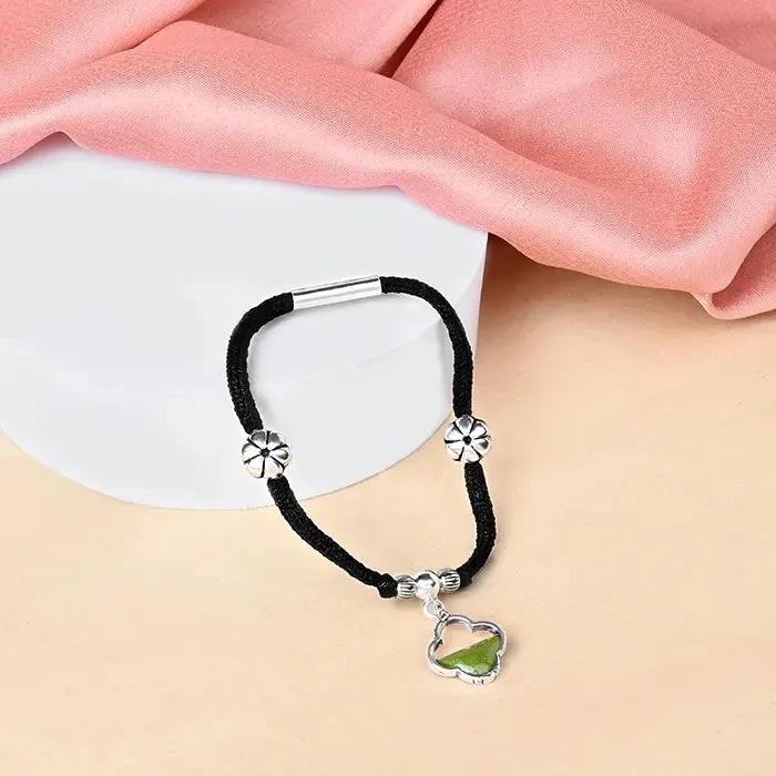 Floral Silver Black Thread Anklet