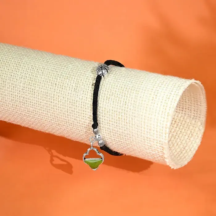 Floral Silver Black Thread Anklet