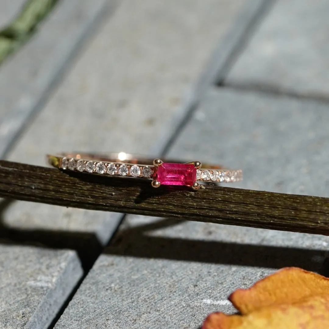For Her Jewellery - 18K Rose Gold Baguette Ruby Diamond Ring