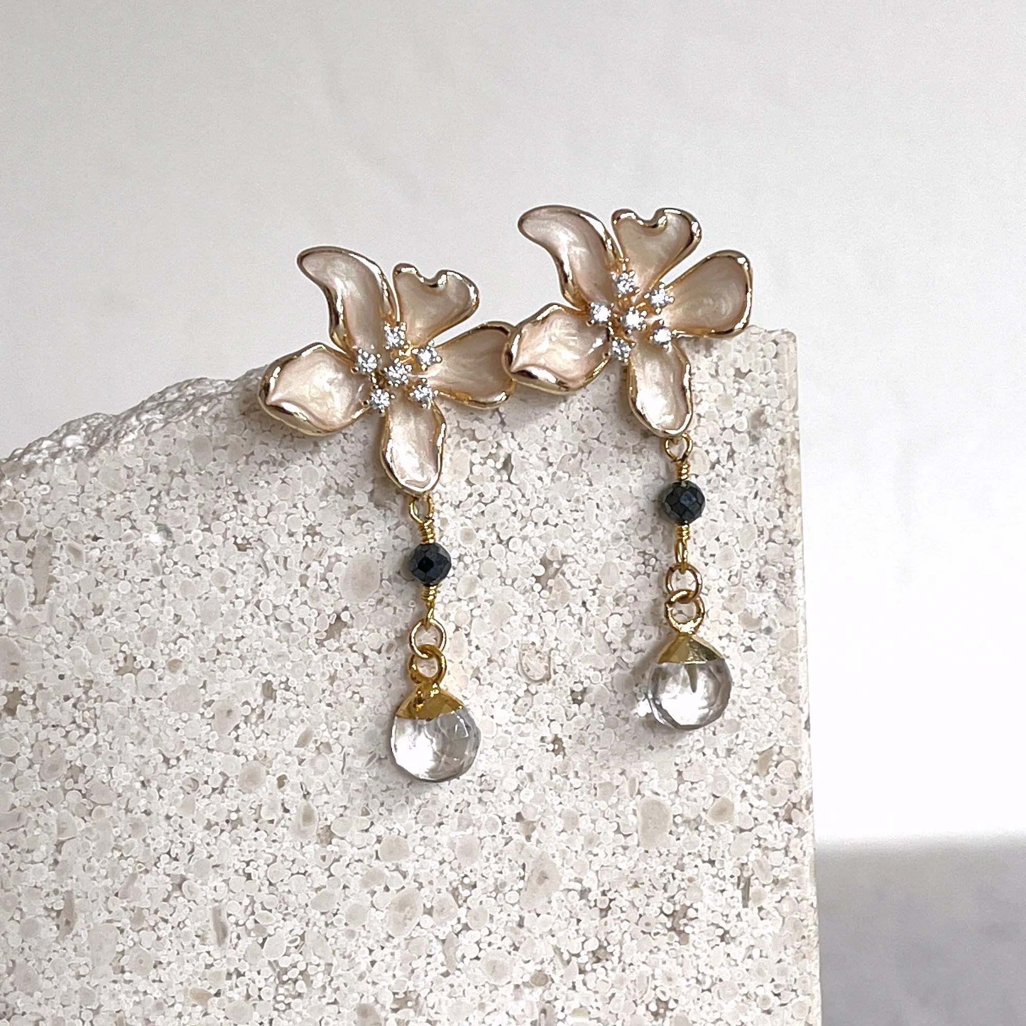 Gold Enamel Flower with Crystal Quartz 2