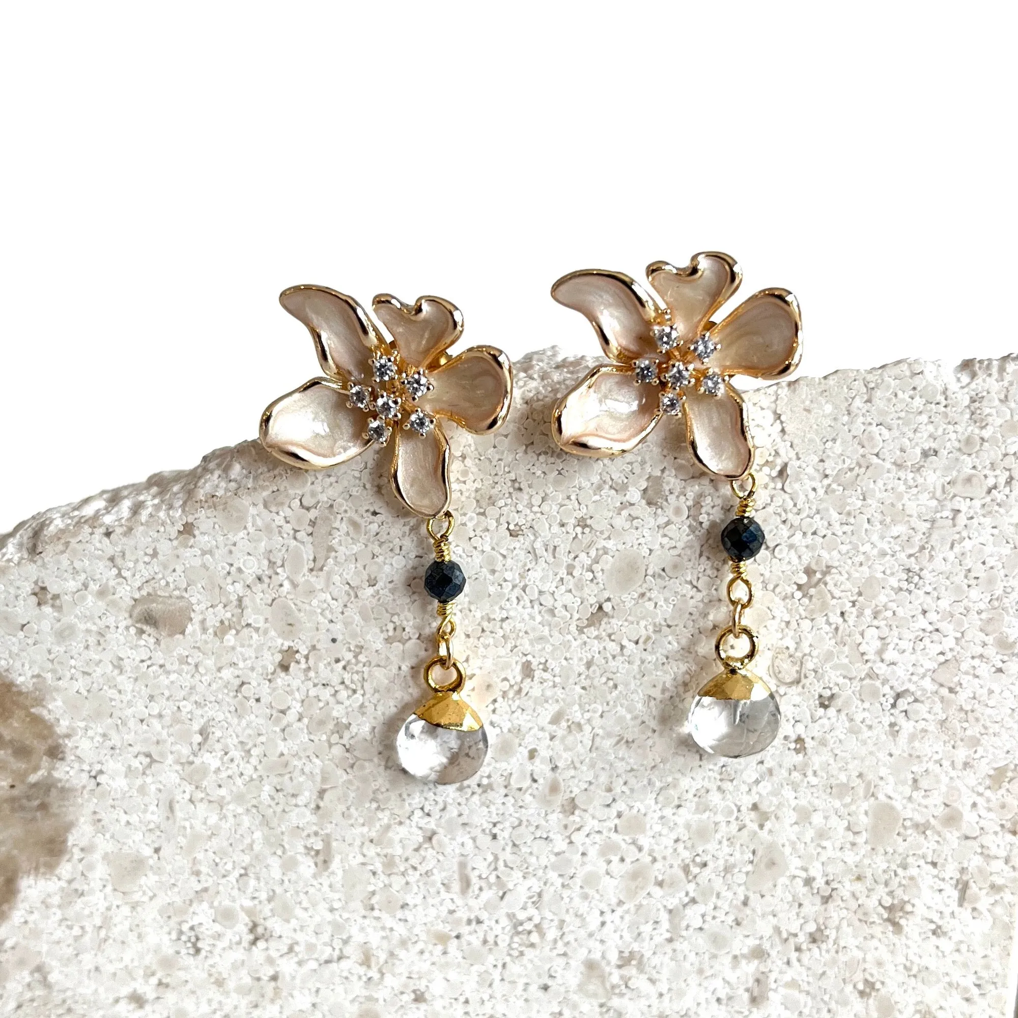 Gold Enamel Flower with Crystal Quartz 2