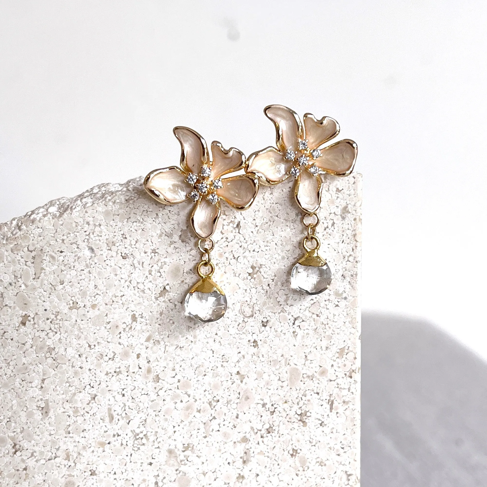 Gold Enamel Flower with Crystal Quartz