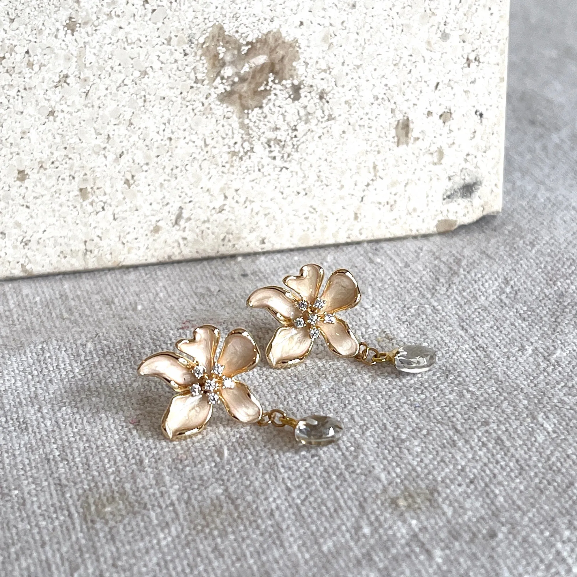Gold Enamel Flower with Crystal Quartz