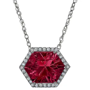 Halo Concave Hexagon Rhodolite and Diamond Necklace Worn Two Ways