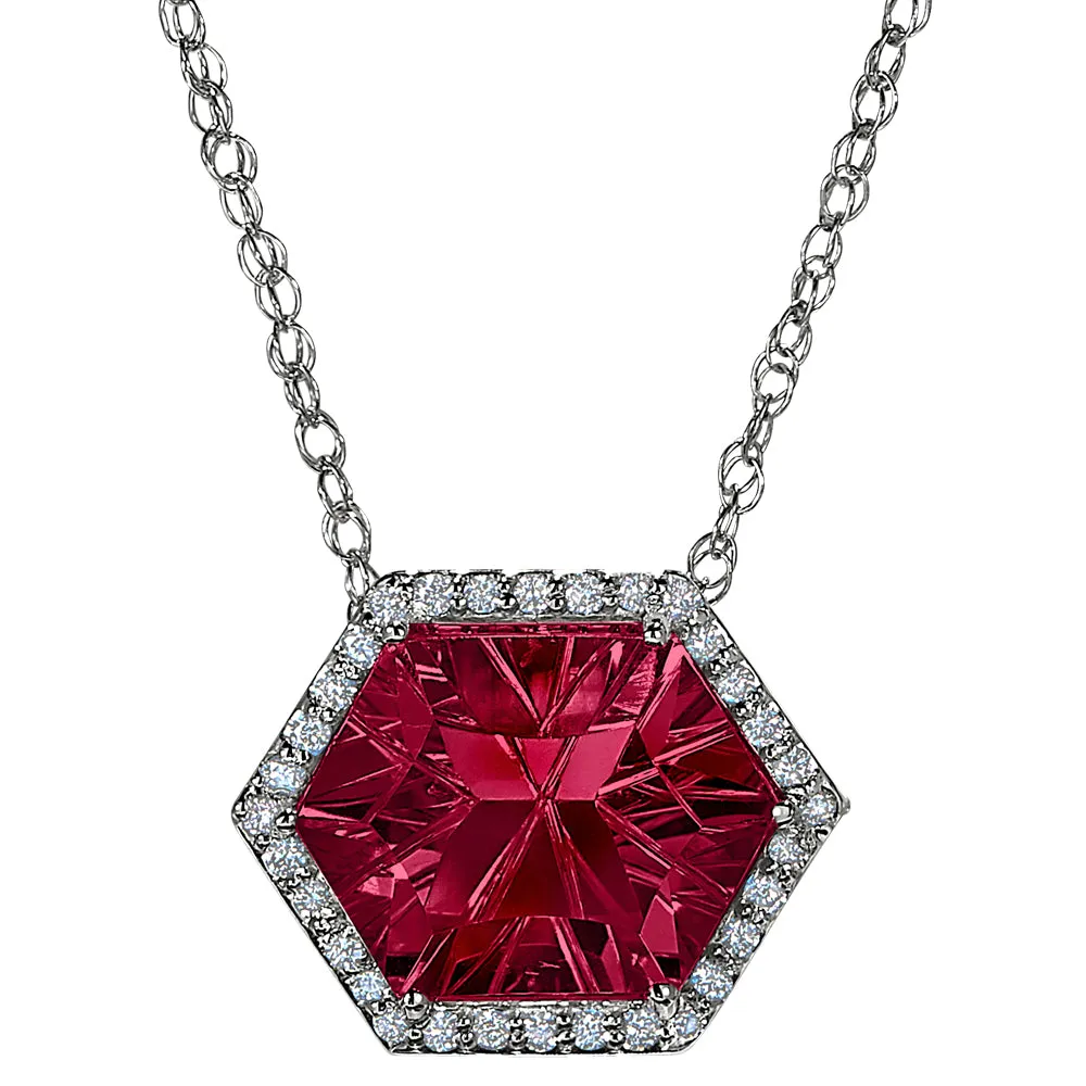Halo Concave Hexagon Rhodolite and Diamond Necklace Worn Two Ways