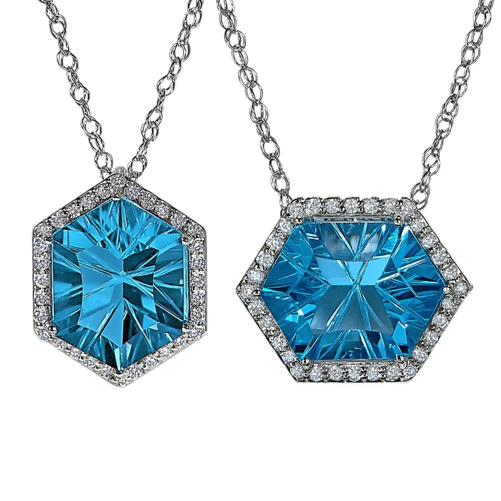 Halo Concave Hexagon Rhodolite and Diamond Necklace Worn Two Ways