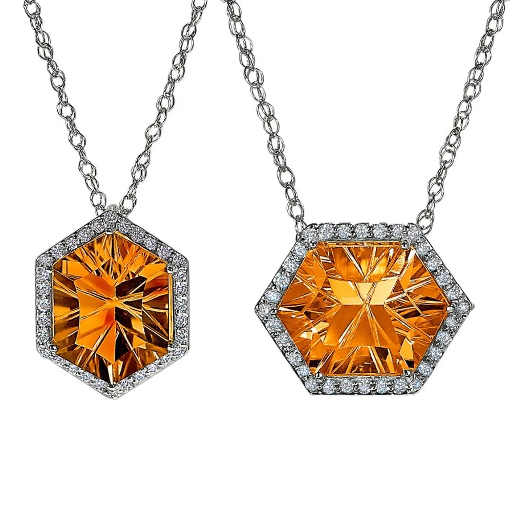 Halo Concave Hexagon Rhodolite and Diamond Necklace Worn Two Ways
