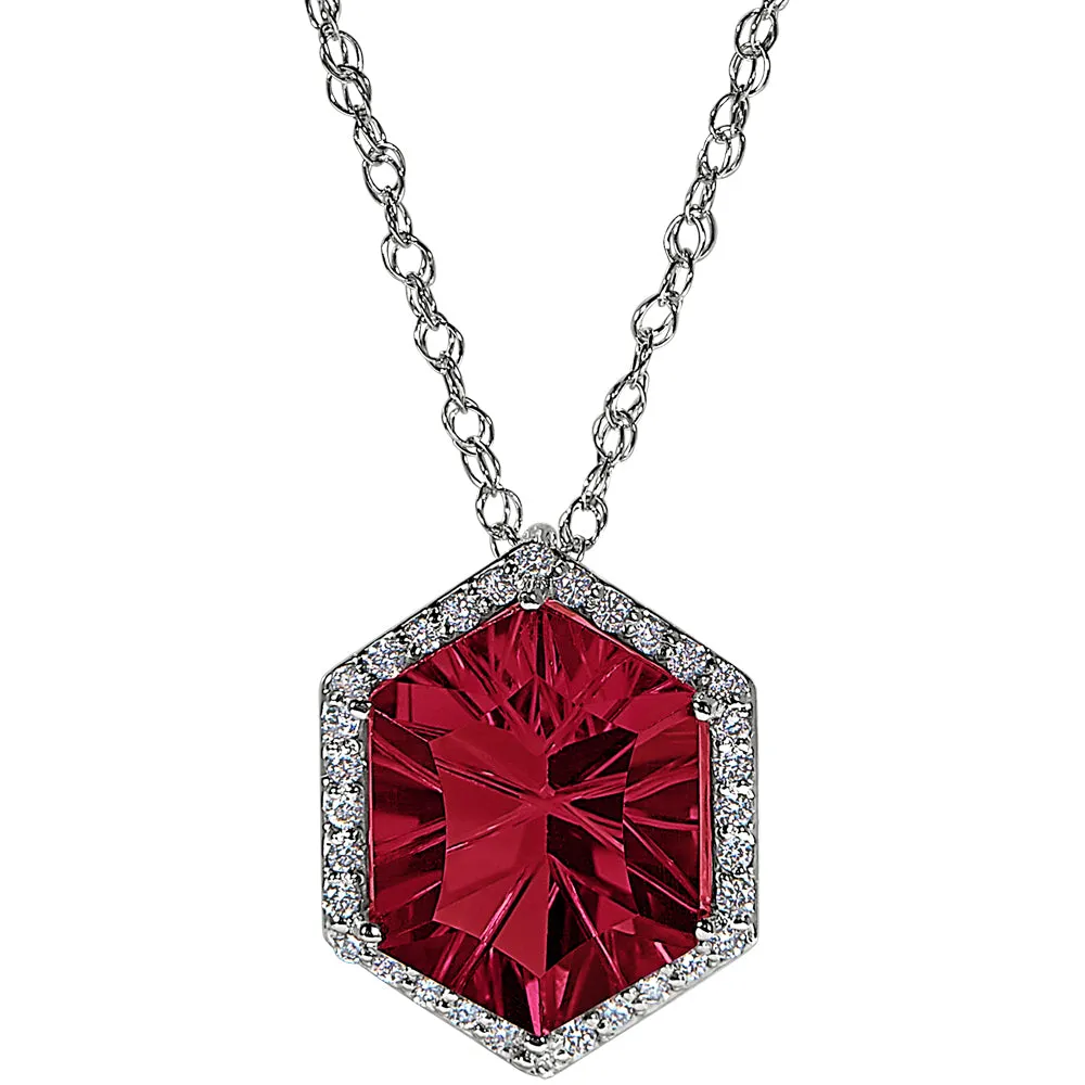 Halo Concave Hexagon Rhodolite and Diamond Necklace Worn Two Ways