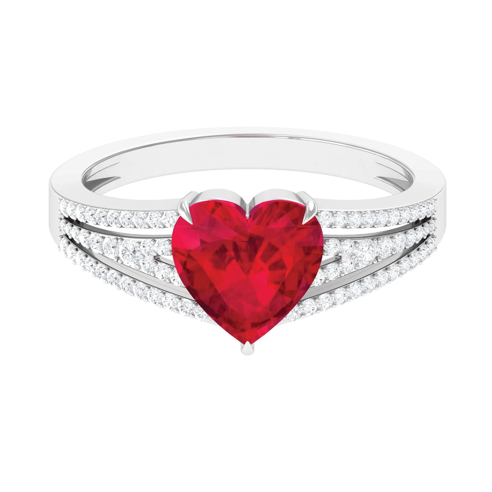 Heart Shape Created Ruby Engagement Ring with Diamond