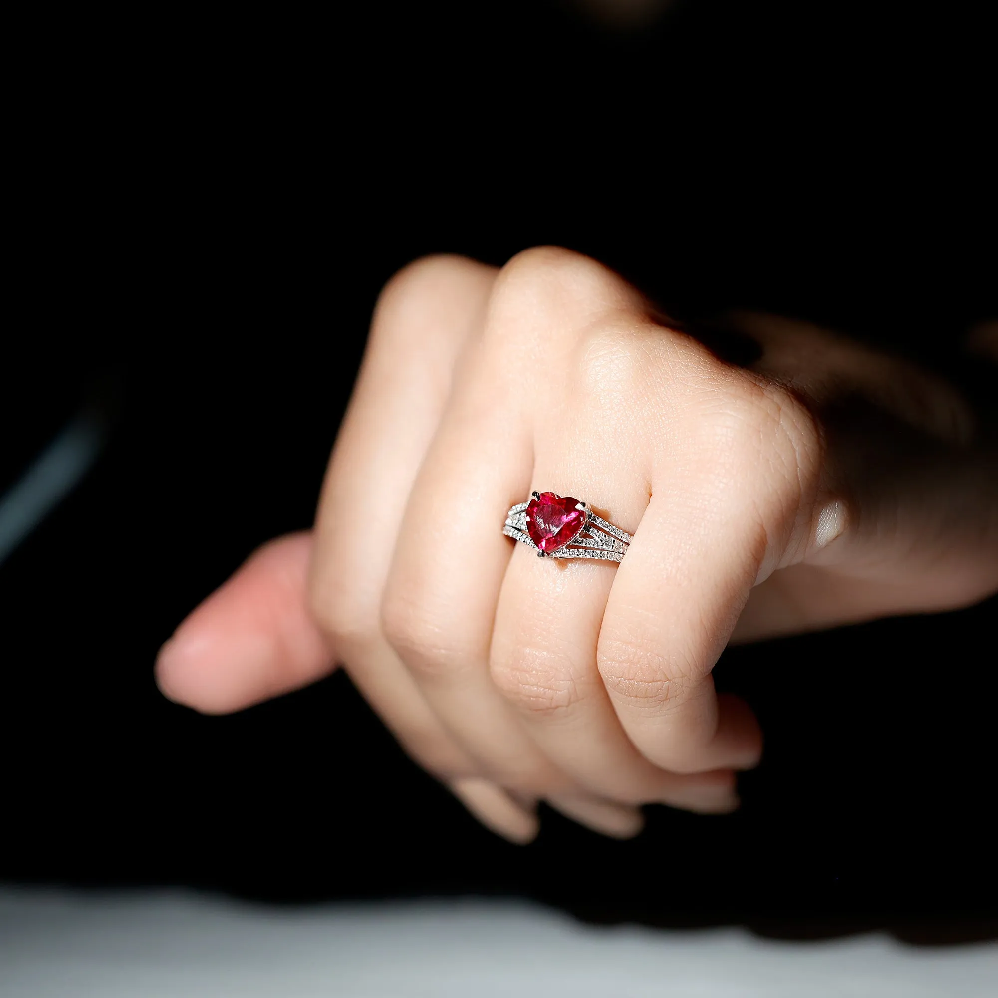 Heart Shape Created Ruby Engagement Ring with Diamond