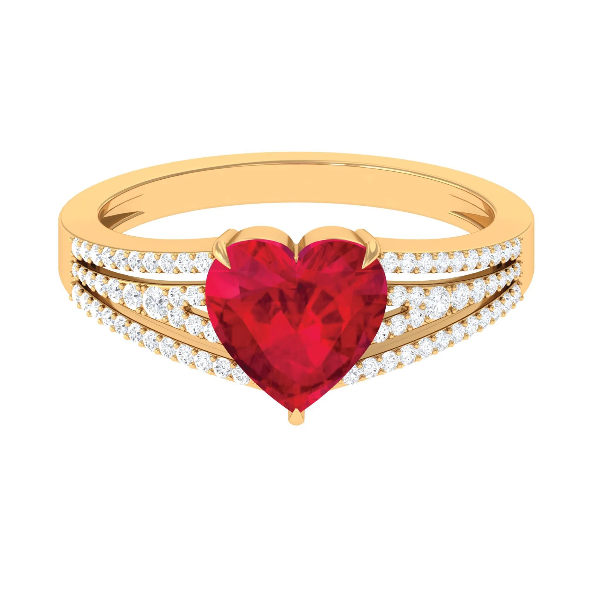 Heart Shape Created Ruby Engagement Ring with Diamond