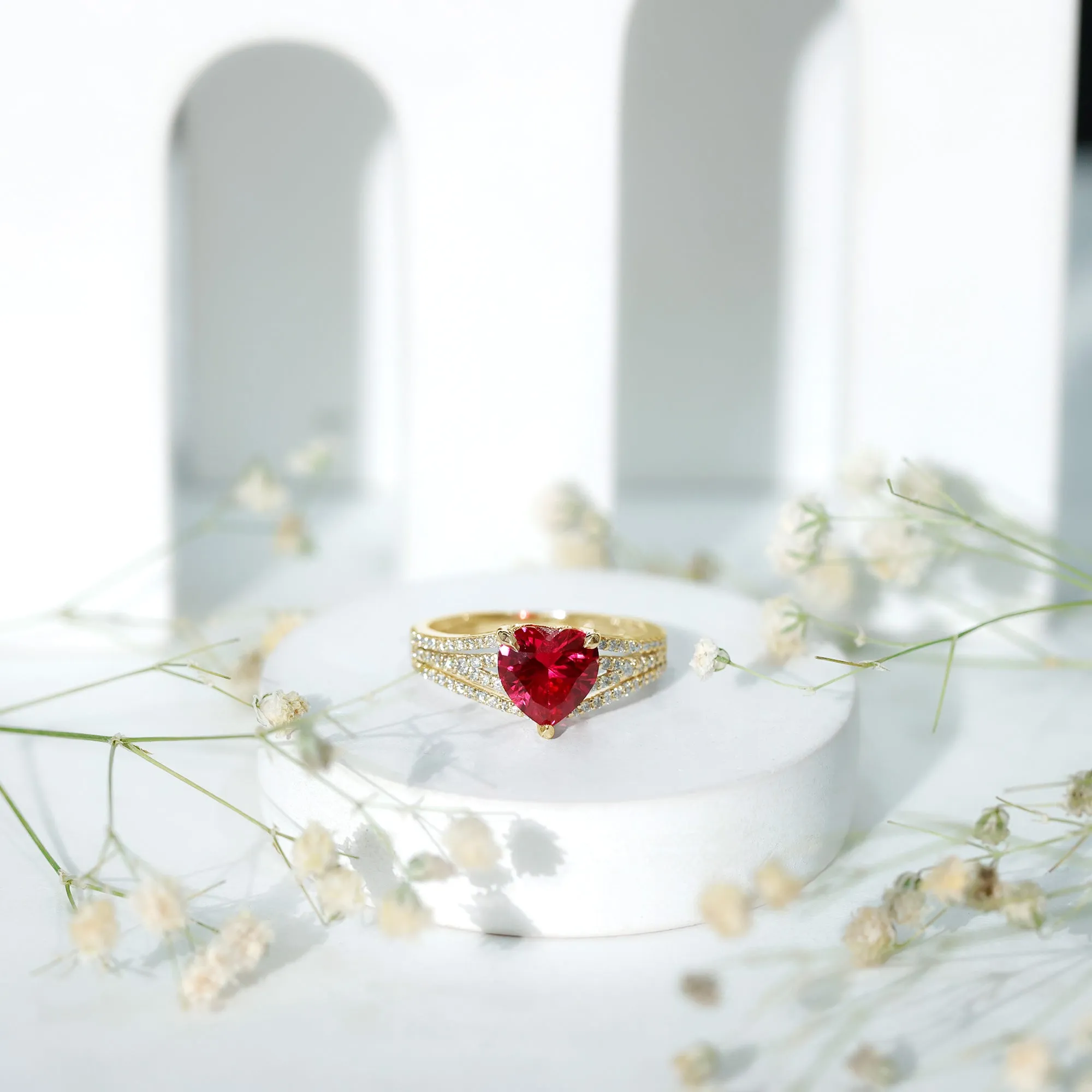 Heart Shape Created Ruby Engagement Ring with Diamond