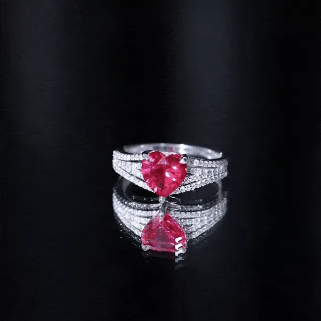 Heart Shape Created Ruby Engagement Ring with Diamond