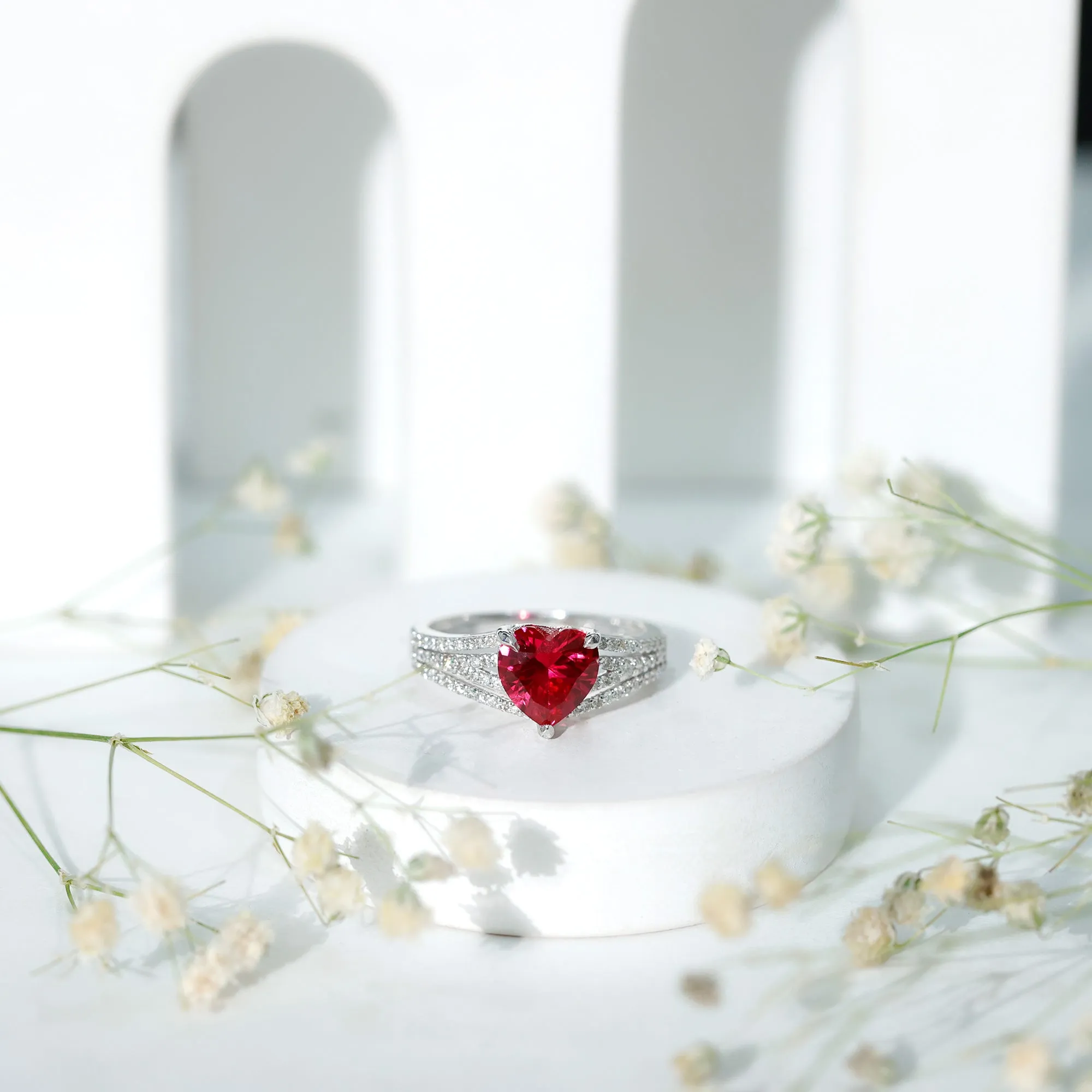 Heart Shape Created Ruby Engagement Ring with Diamond