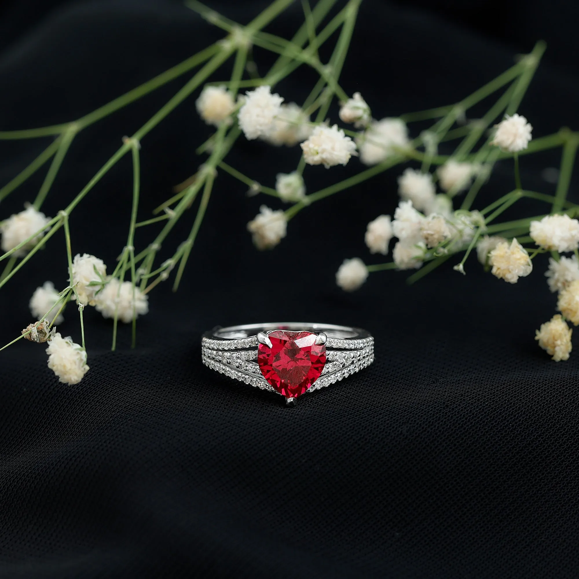 Heart Shape Created Ruby Engagement Ring with Diamond