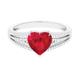 Heart Shape Created Ruby Engagement Ring with Diamond