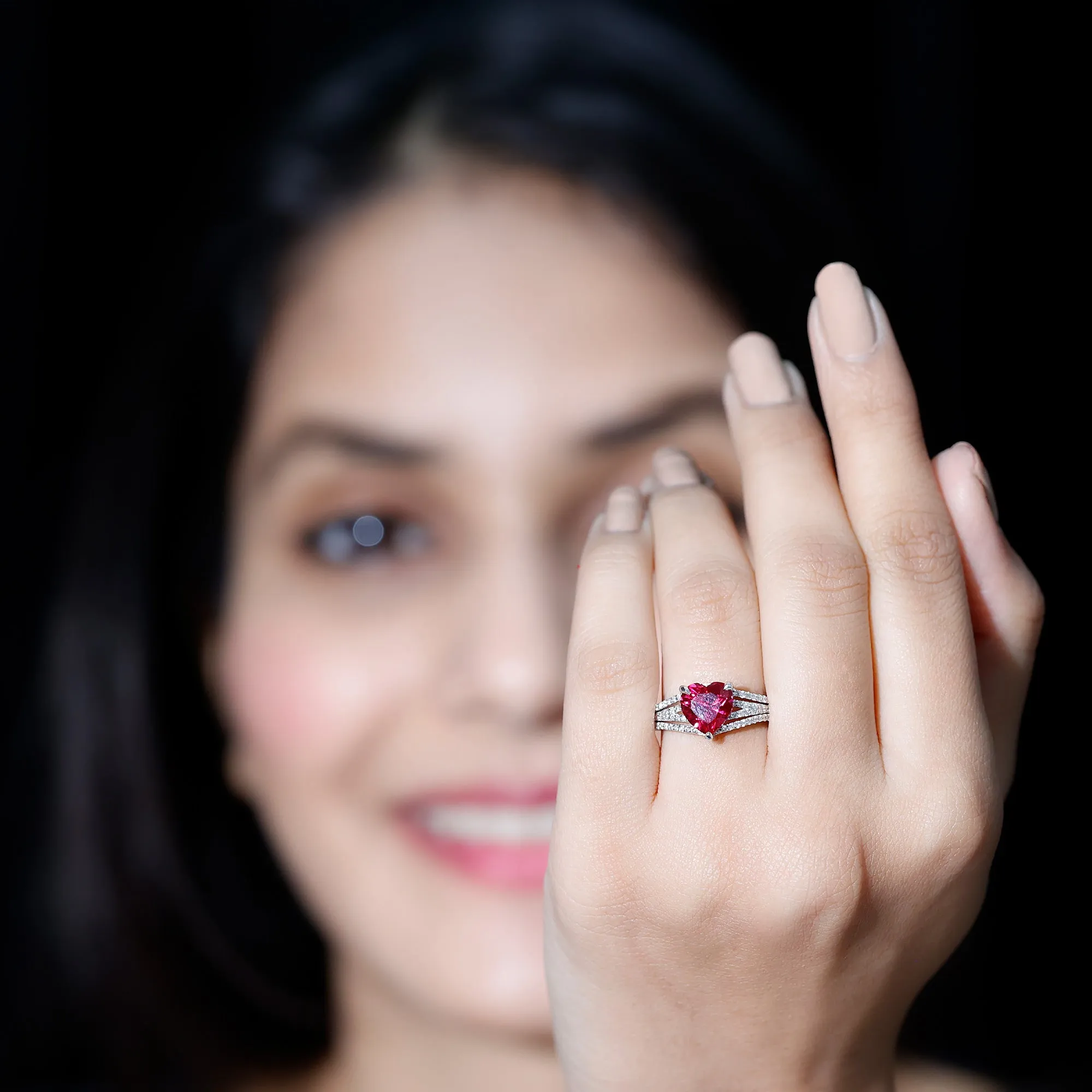 Heart Shape Created Ruby Engagement Ring with Diamond
