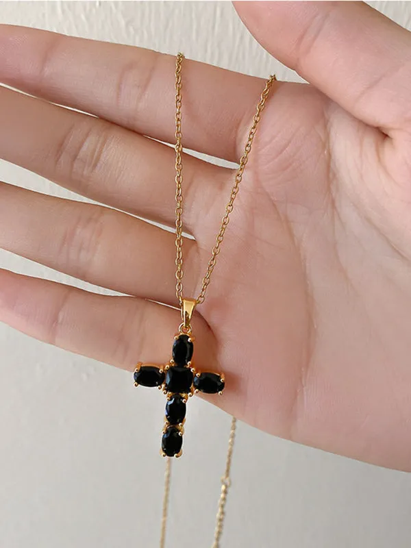 Inlaid zircon cross pendant necklace elegant clavicle chain