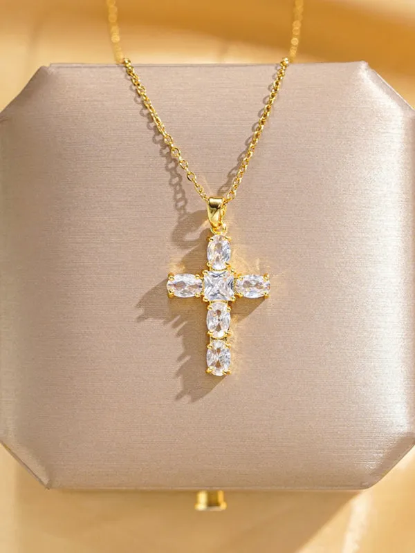 Inlaid zircon cross pendant necklace elegant clavicle chain