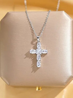Inlaid zircon cross pendant necklace elegant clavicle chain