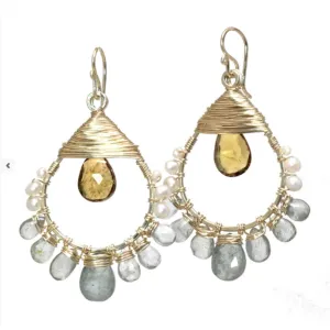 Ivory Pearls Moss Aquamarine and Whiskey Quartz Earrings SRN191 by Calico Juno Designs, Bonnie Riconda