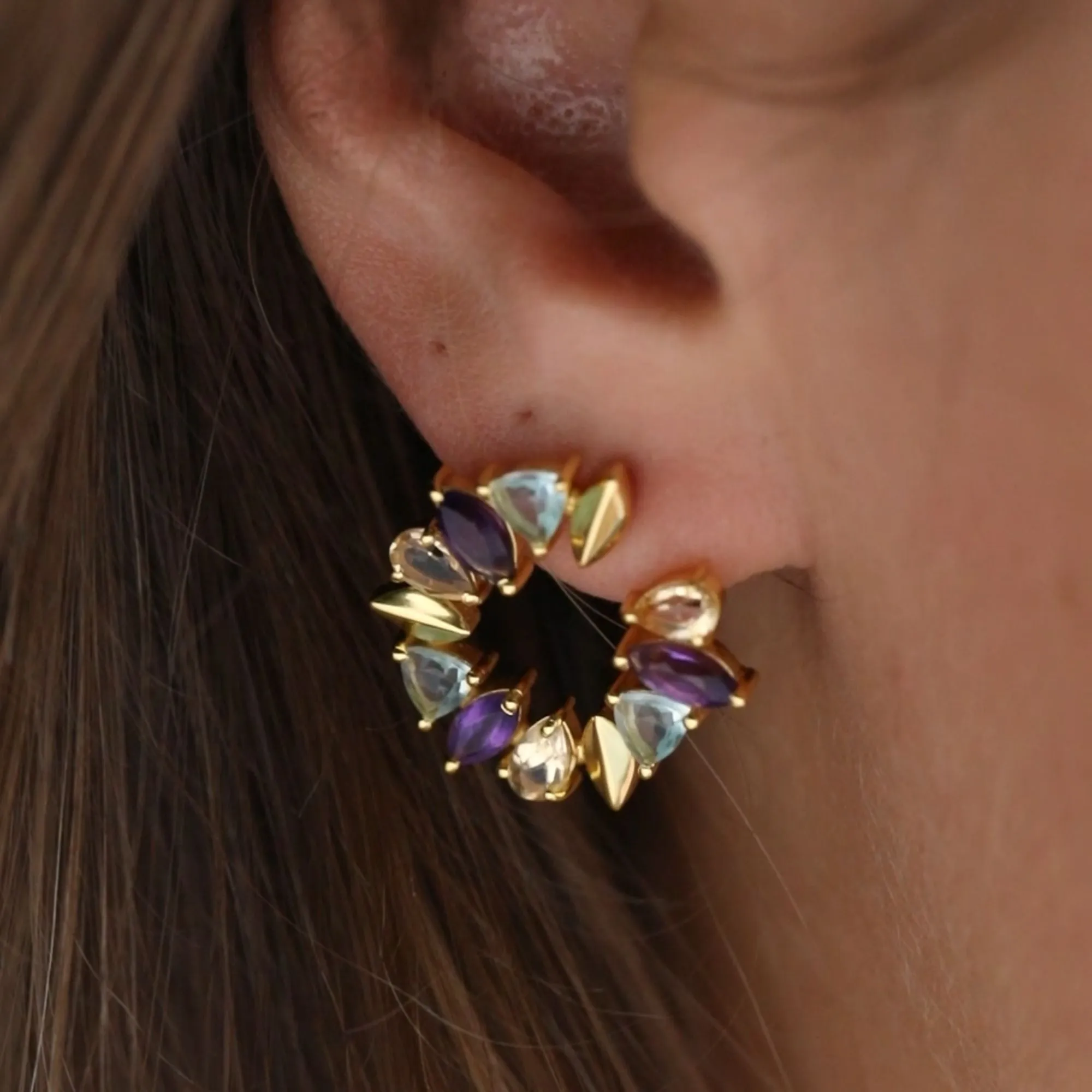 Kaleidoscope Blue Topaz Amethyst and Citrine Circular Hoop Statement Earrings Silver