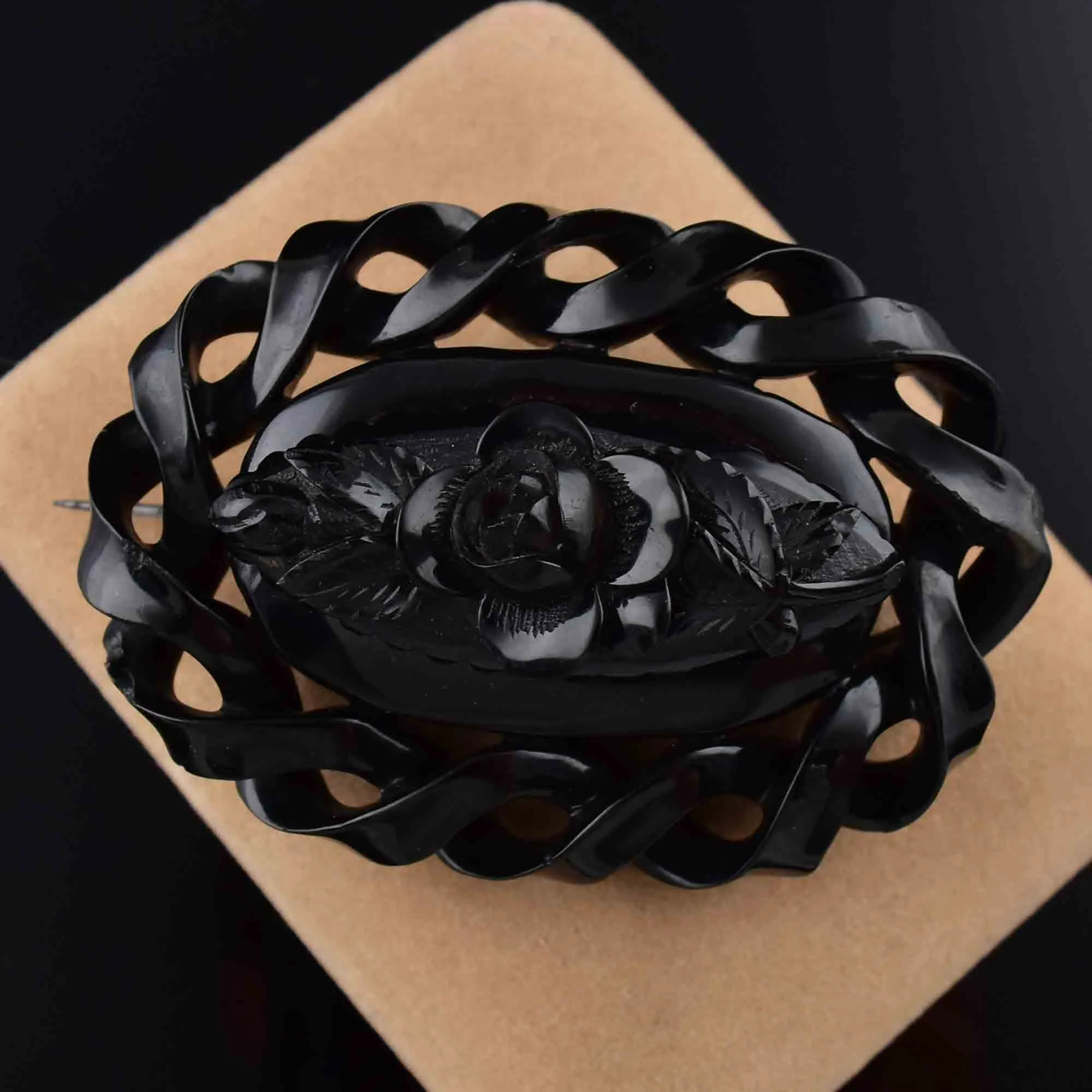 Large Victorian Carved Whitby Jet Rose Mourning Brooch