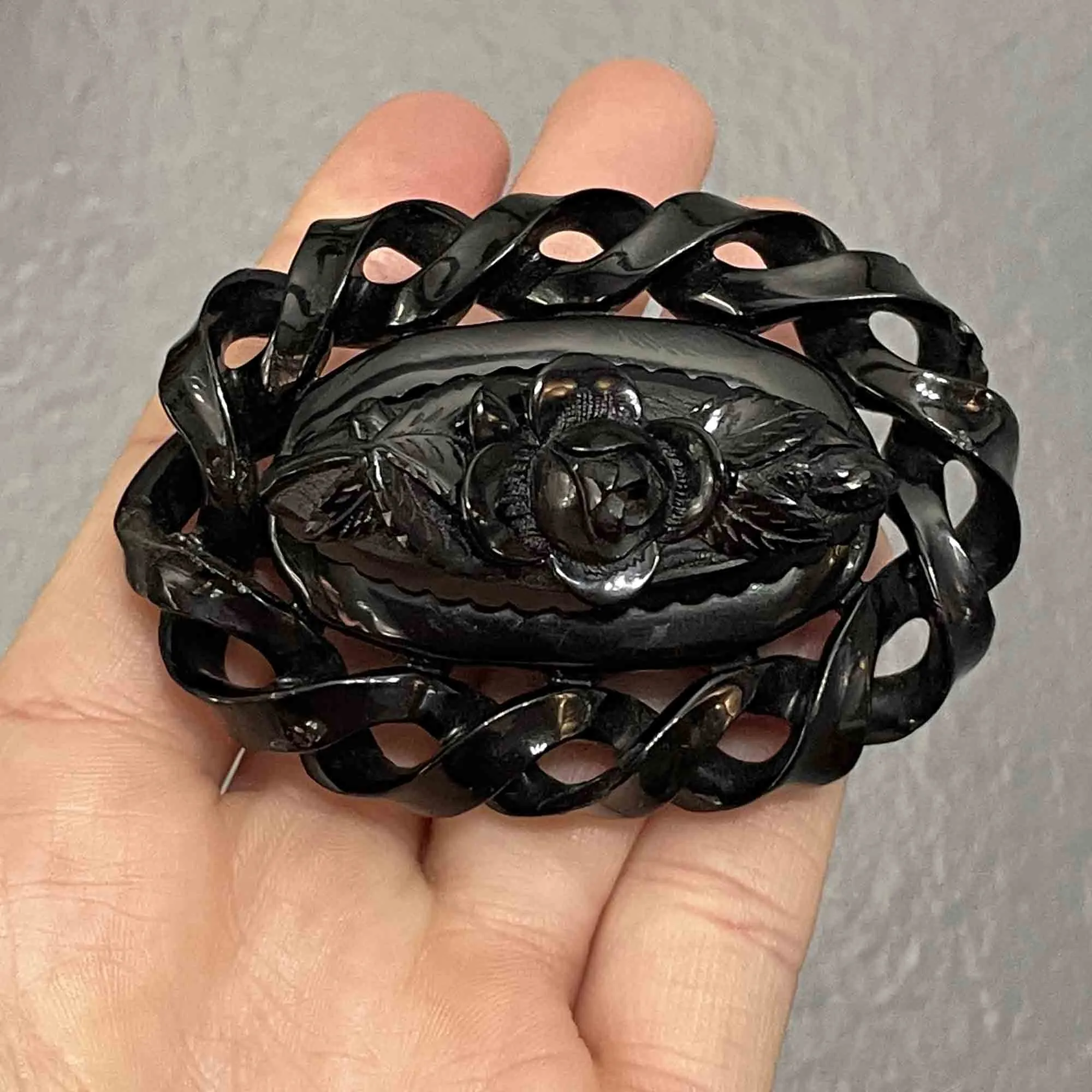 Large Victorian Carved Whitby Jet Rose Mourning Brooch