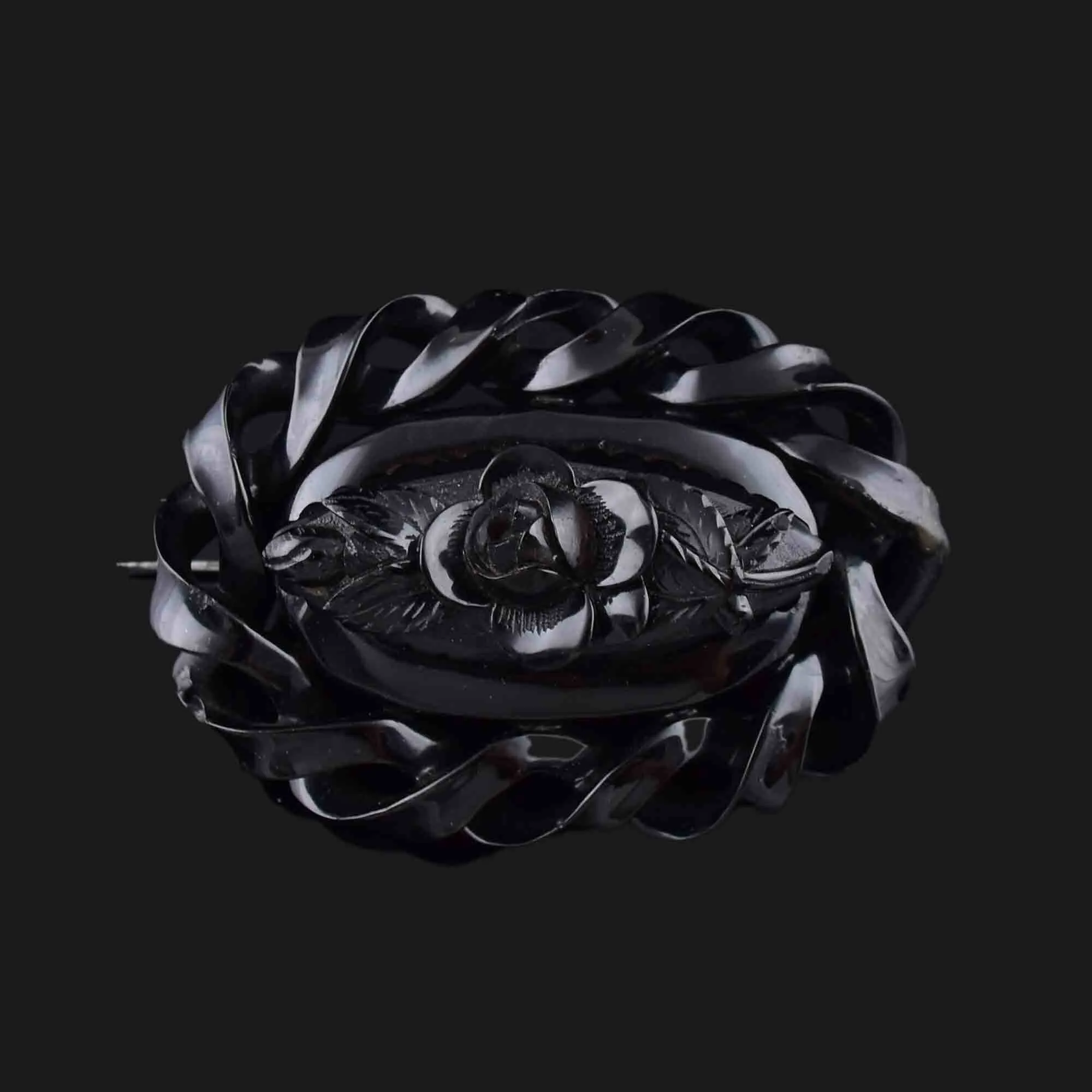 Large Victorian Carved Whitby Jet Rose Mourning Brooch