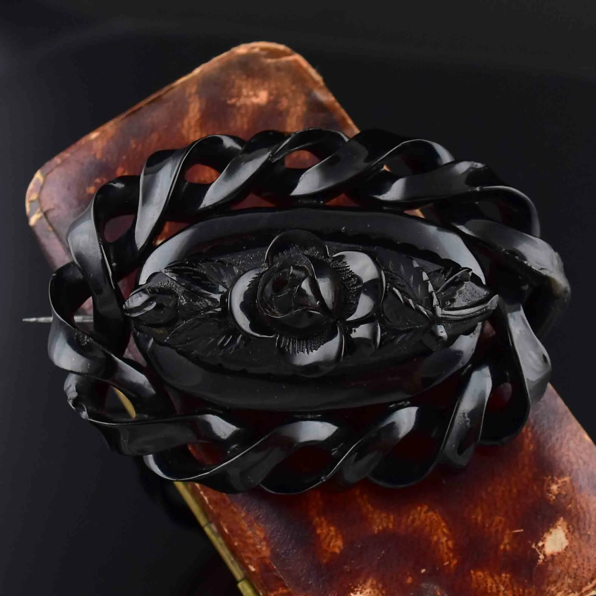 Large Victorian Carved Whitby Jet Rose Mourning Brooch