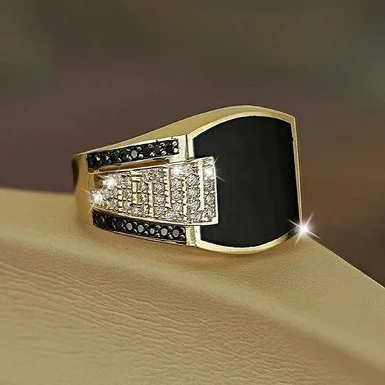 Luxury  Classic Men's Ring Fashion Gold Color Inlaid with Black Stone Zircon