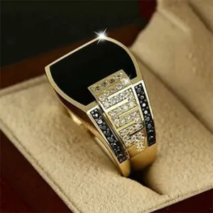 Luxury  Classic Men's Ring Fashion Gold Color Inlaid with Black Stone Zircon