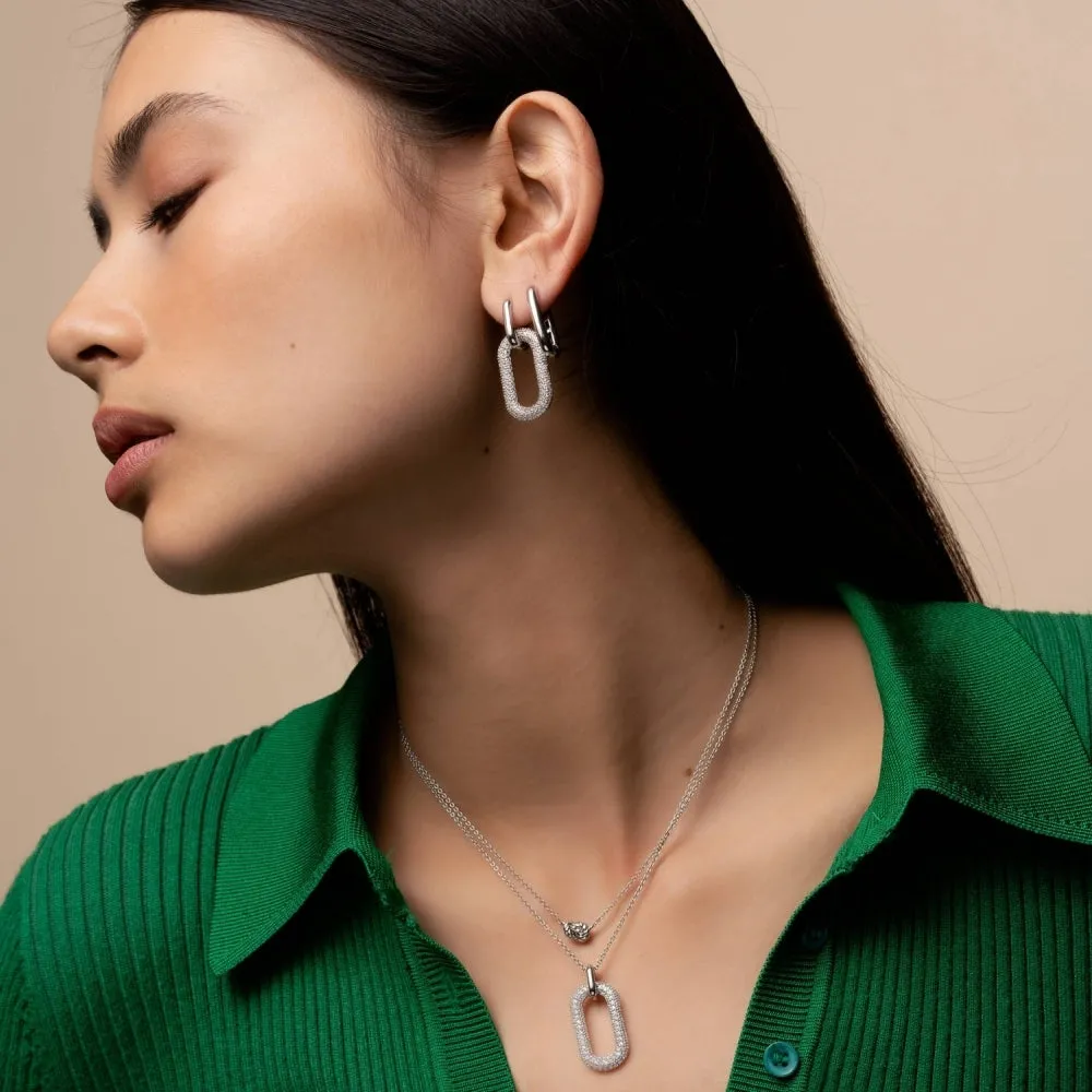 Milano Pave Oval Link Earrings - Silver - 7844ZI