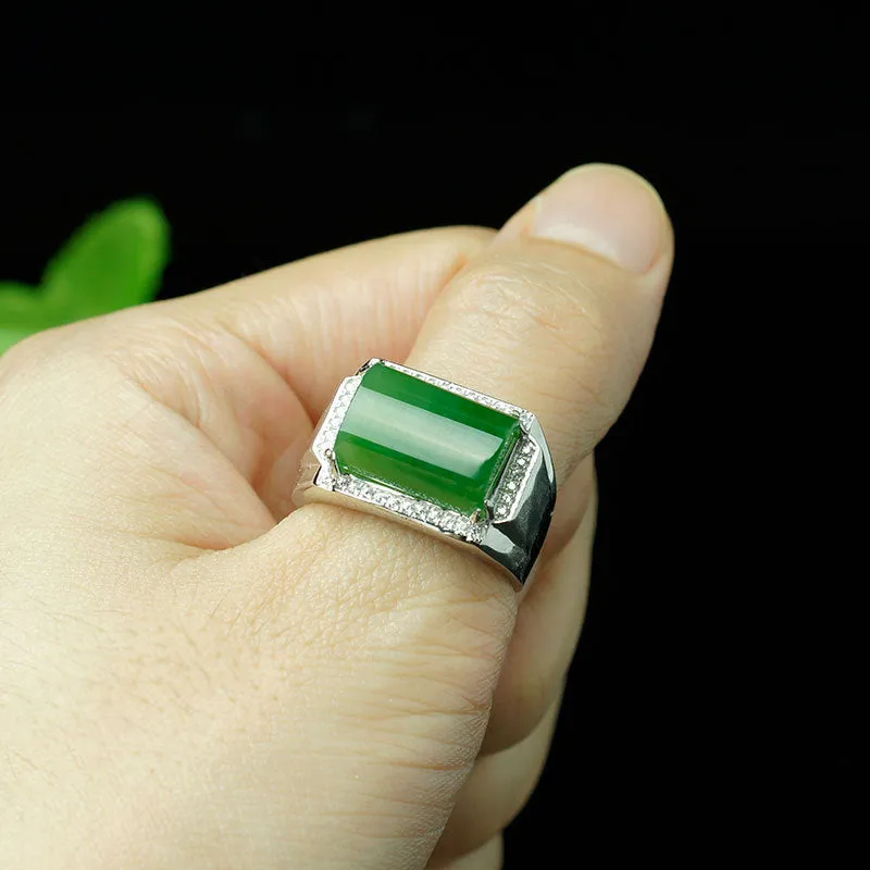 Natural Jade Ring Nephrite Silver Zircon Adjustable Ring ZNRG123