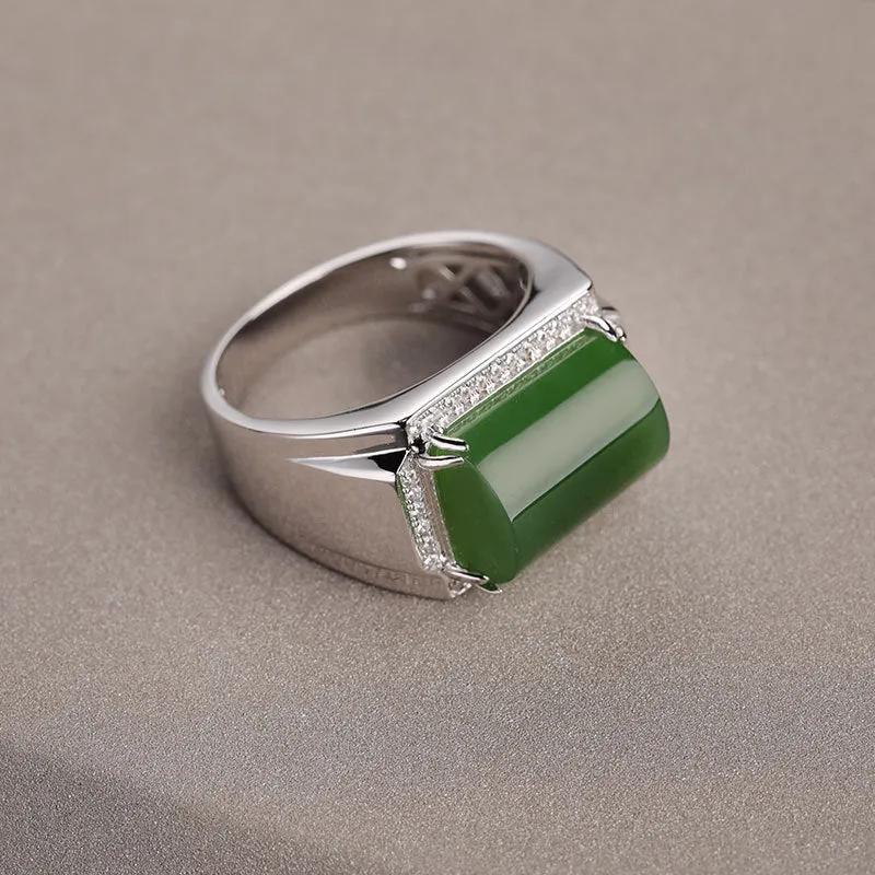Natural Jade Ring Nephrite Silver Zircon Adjustable Ring ZNRG123