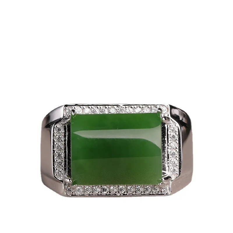 Natural Jade Ring Nephrite Silver Zircon Adjustable Ring ZNRG123