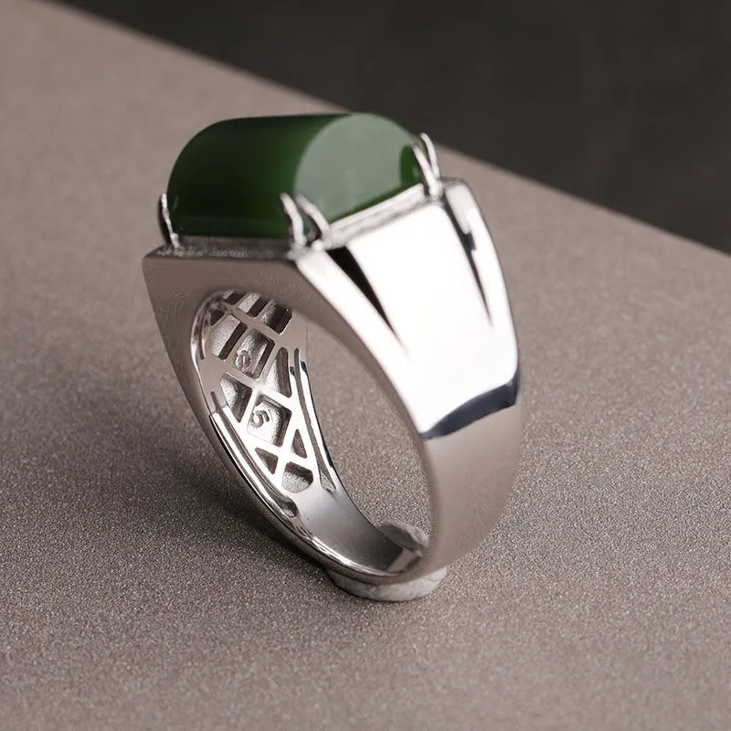Natural Jade Ring Nephrite Silver Zircon Adjustable Ring ZNRG123