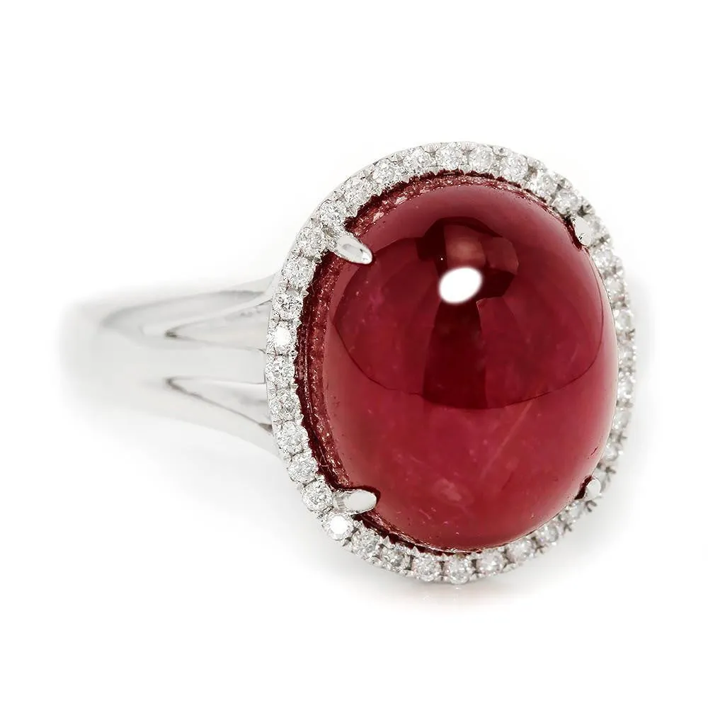 Oval Cabochon Ruby Halo Ring with Diamonds 18K 11.28ctw