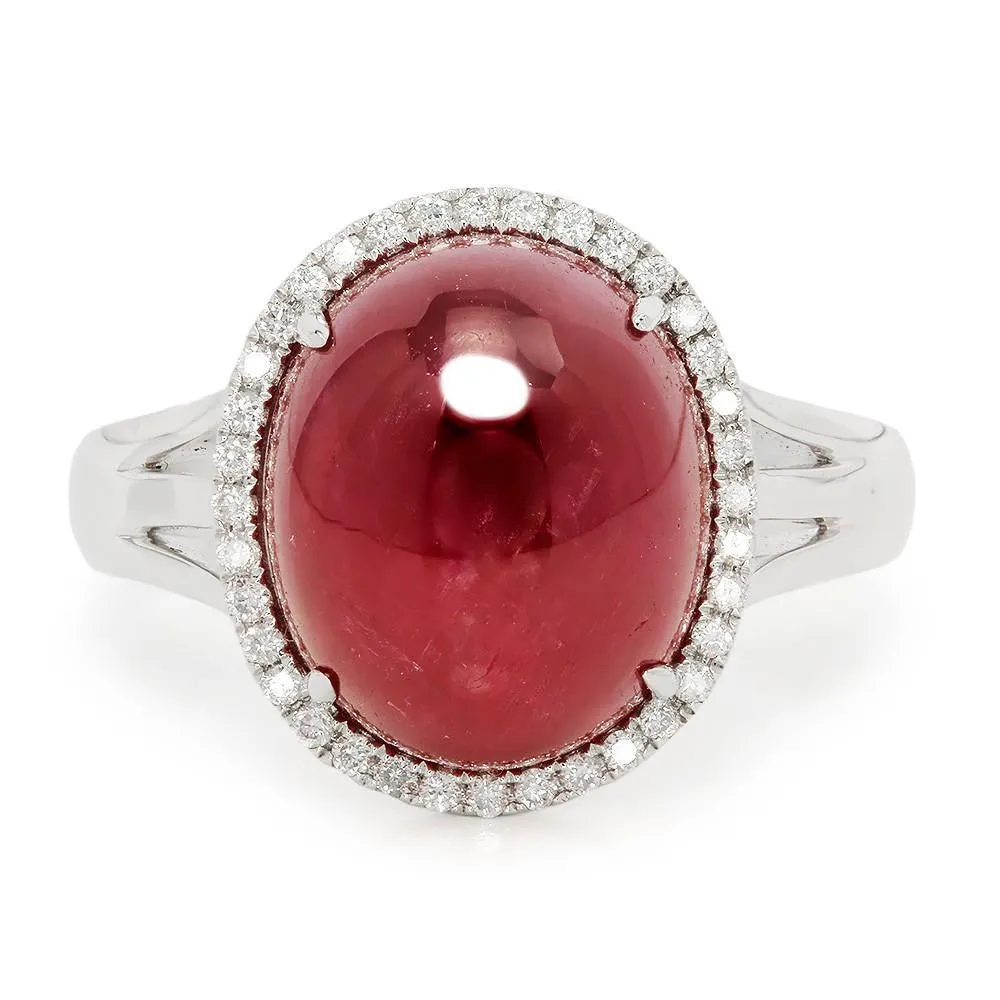 Oval Cabochon Ruby Halo Ring with Diamonds 18K 11.28ctw