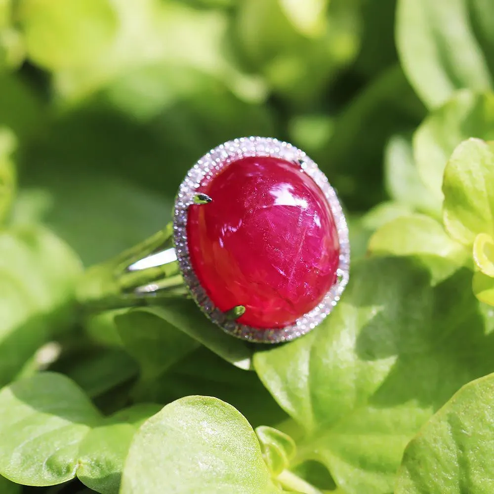 Oval Cabochon Ruby Halo Ring with Diamonds 18K 11.28ctw