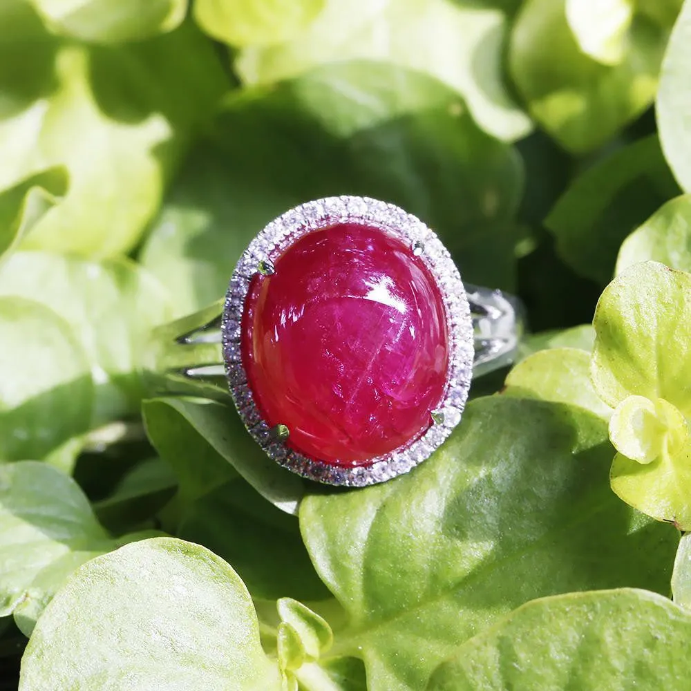 Oval Cabochon Ruby Halo Ring with Diamonds 18K 11.28ctw