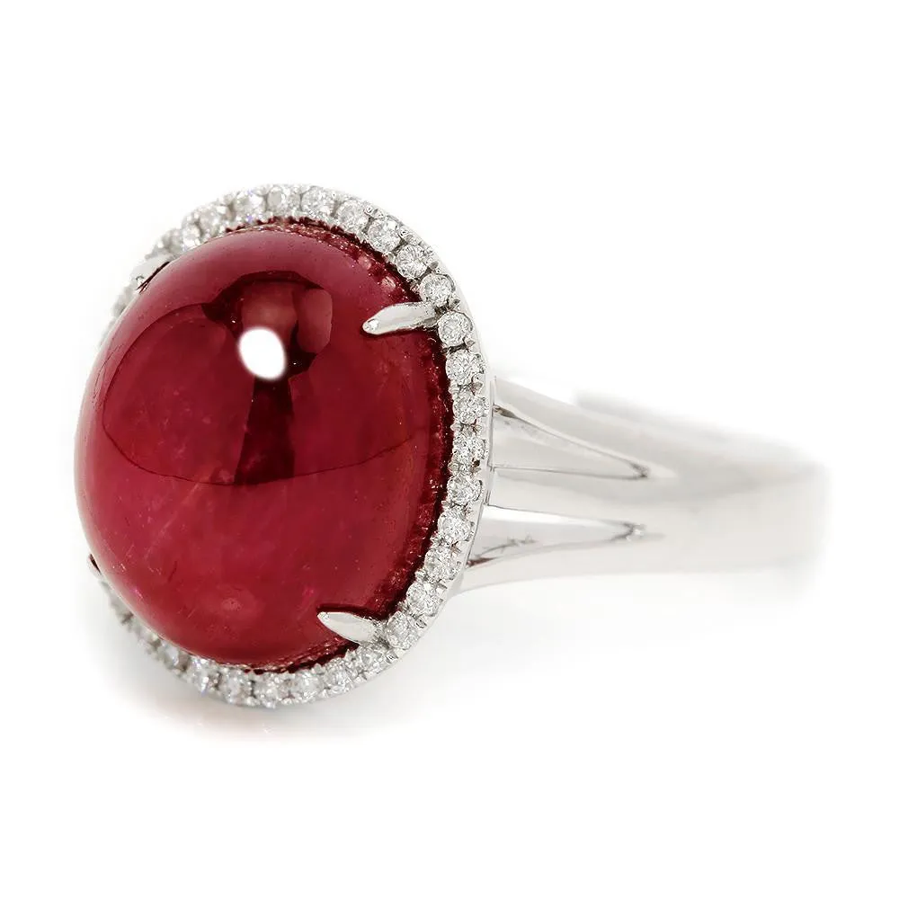 Oval Cabochon Ruby Halo Ring with Diamonds 18K 11.28ctw
