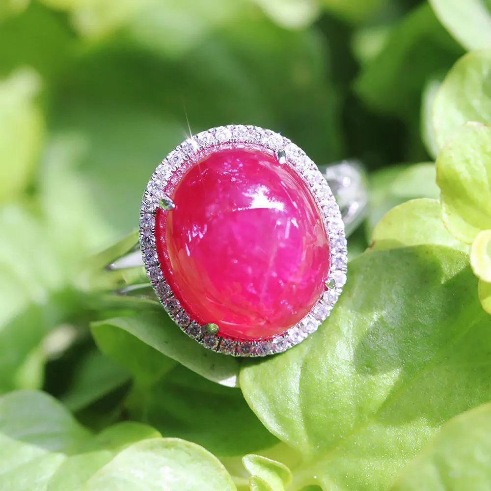 Oval Cabochon Ruby Halo Ring with Diamonds 18K 11.28ctw