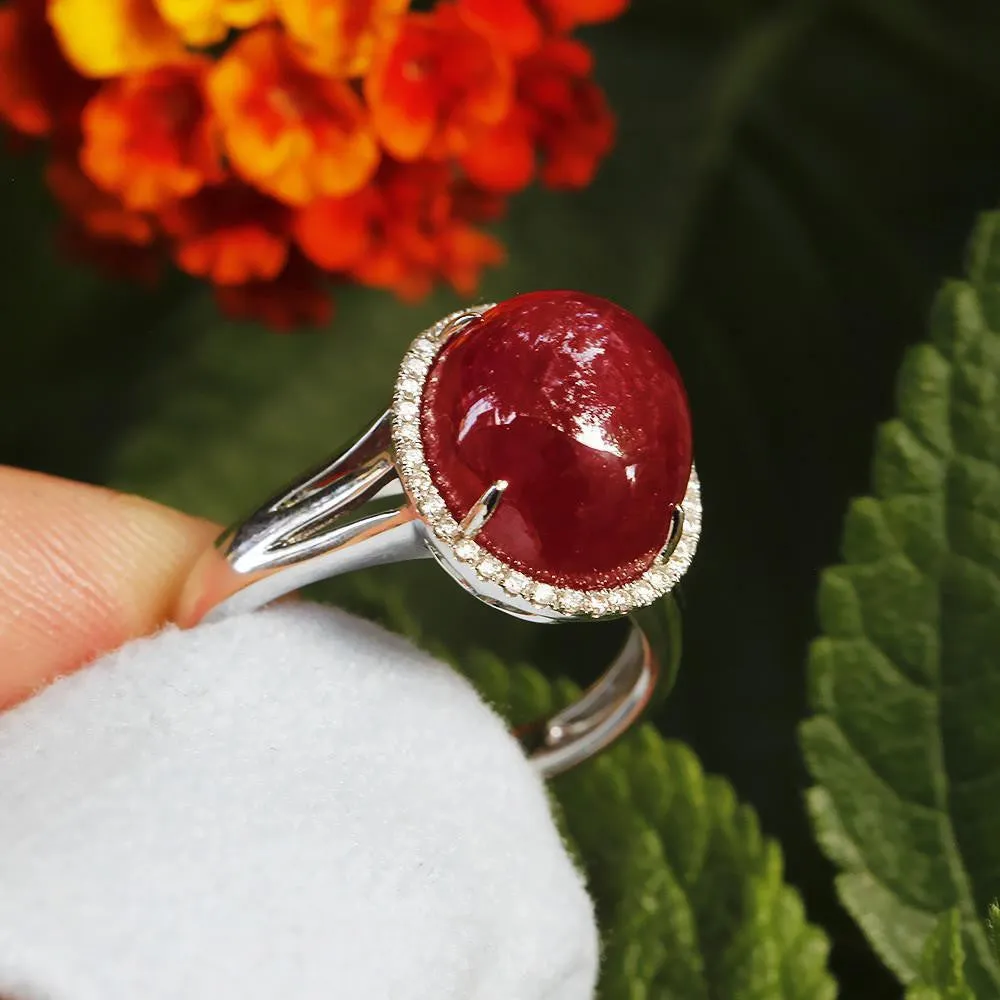Oval Cabochon Ruby Halo Ring with Diamonds 18K 11.28ctw