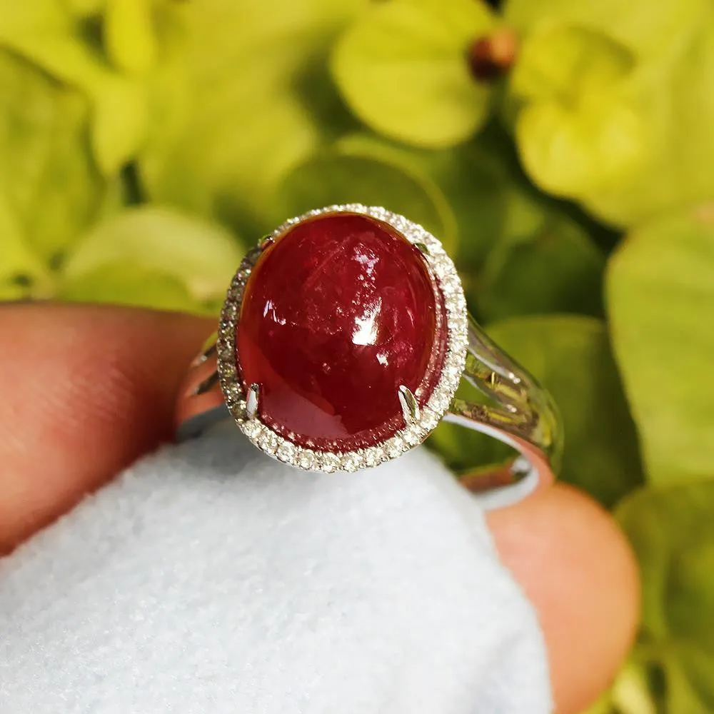 Oval Cabochon Ruby Halo Ring with Diamonds 18K 11.28ctw