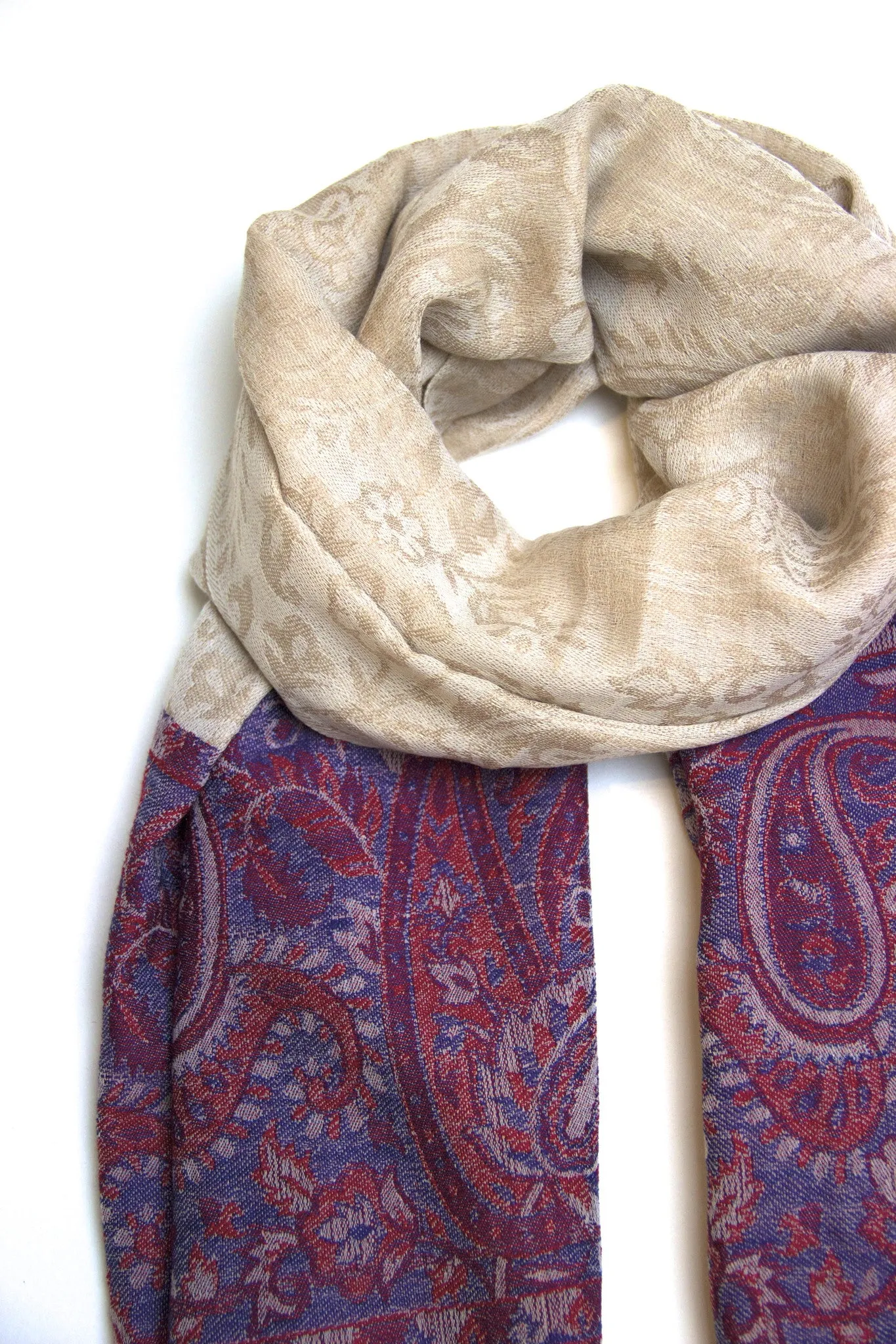 Pashmina scarf / shawl in beige, blue and ruby red