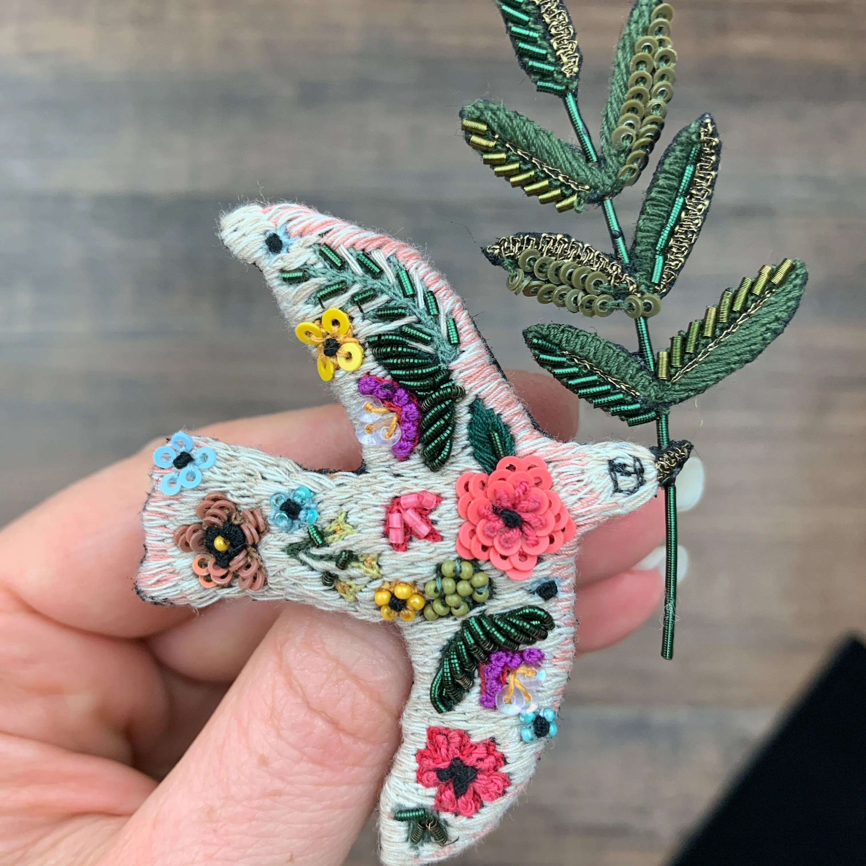 Peace Dove Hand Embroidered Beaded Brooch